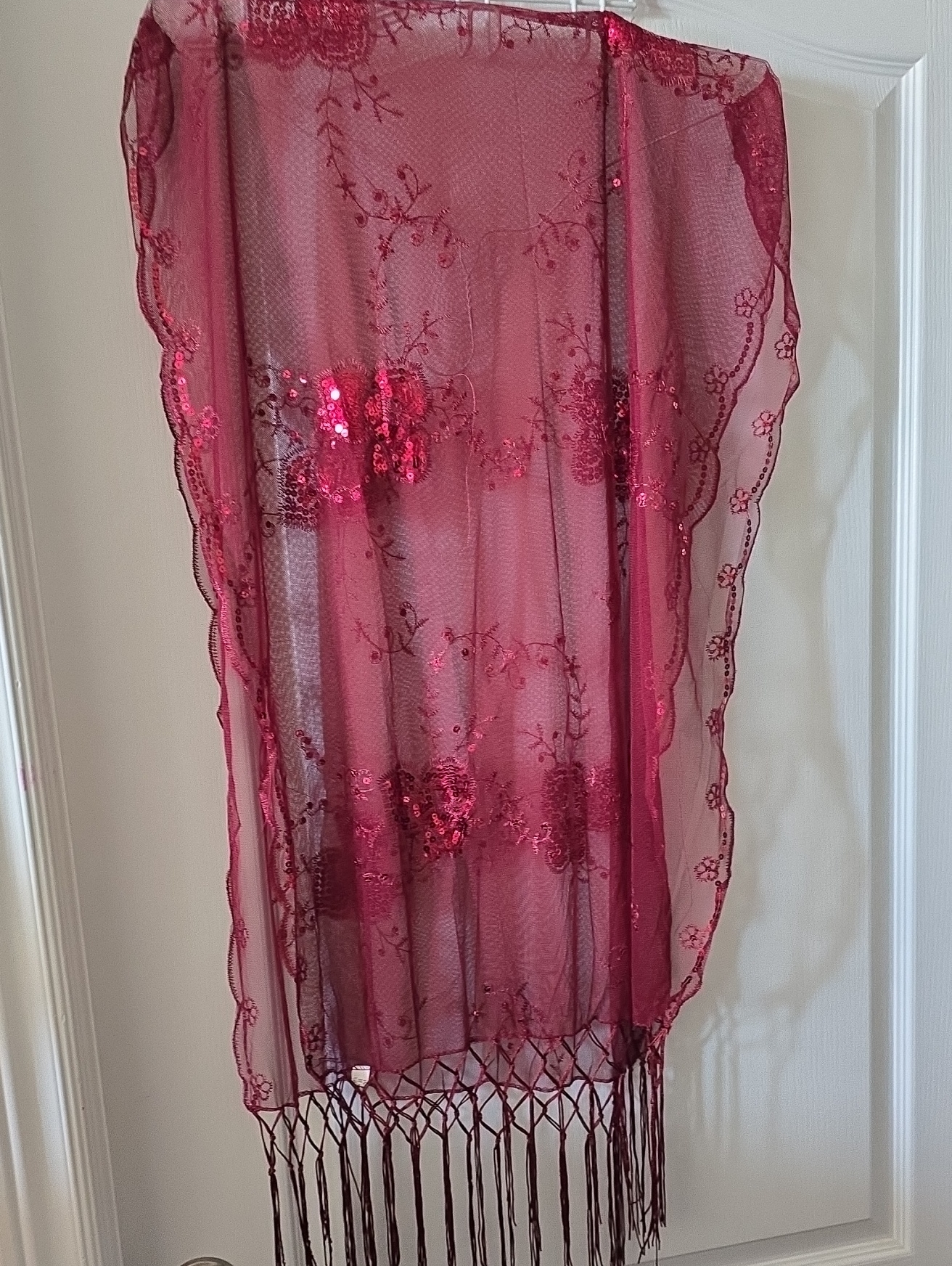 Sheer Sequin Floral Scarf In Deep Fuchsia New